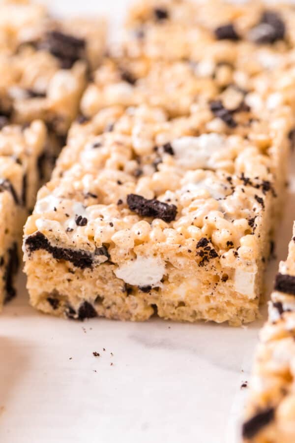 up close side shot of cookies and cream rice krispie treat