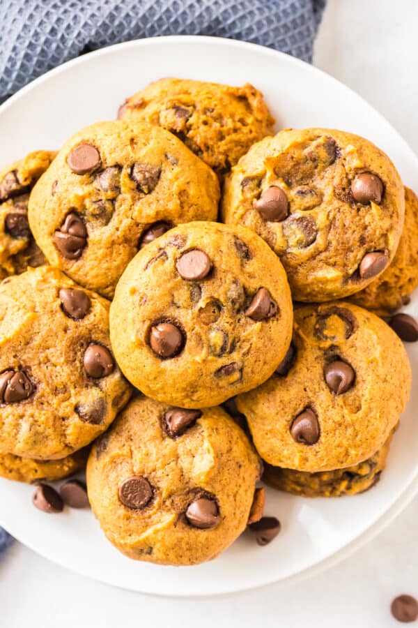 overhead image of pumpkin chocolate chip cookies