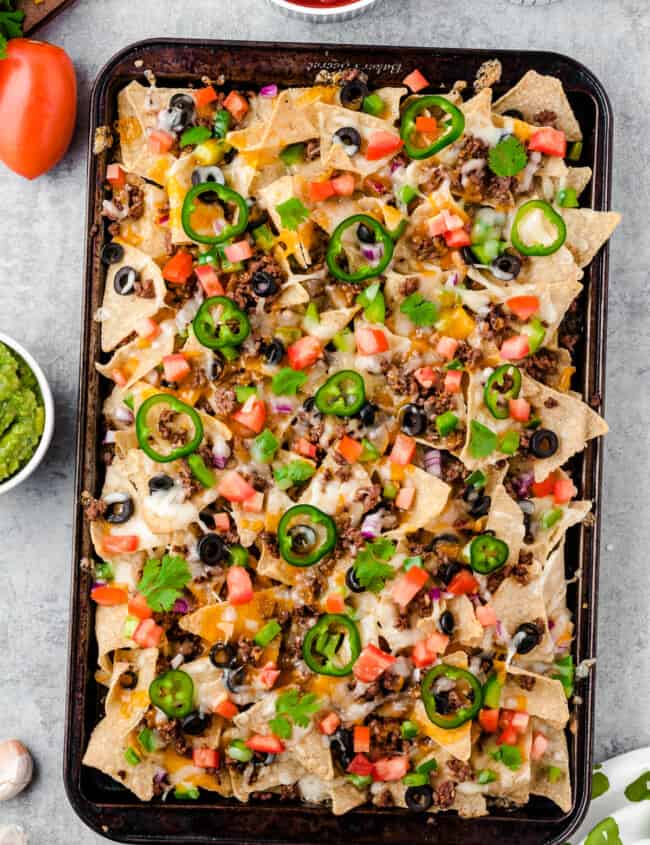 beef sheet pan nachos on sheet pan