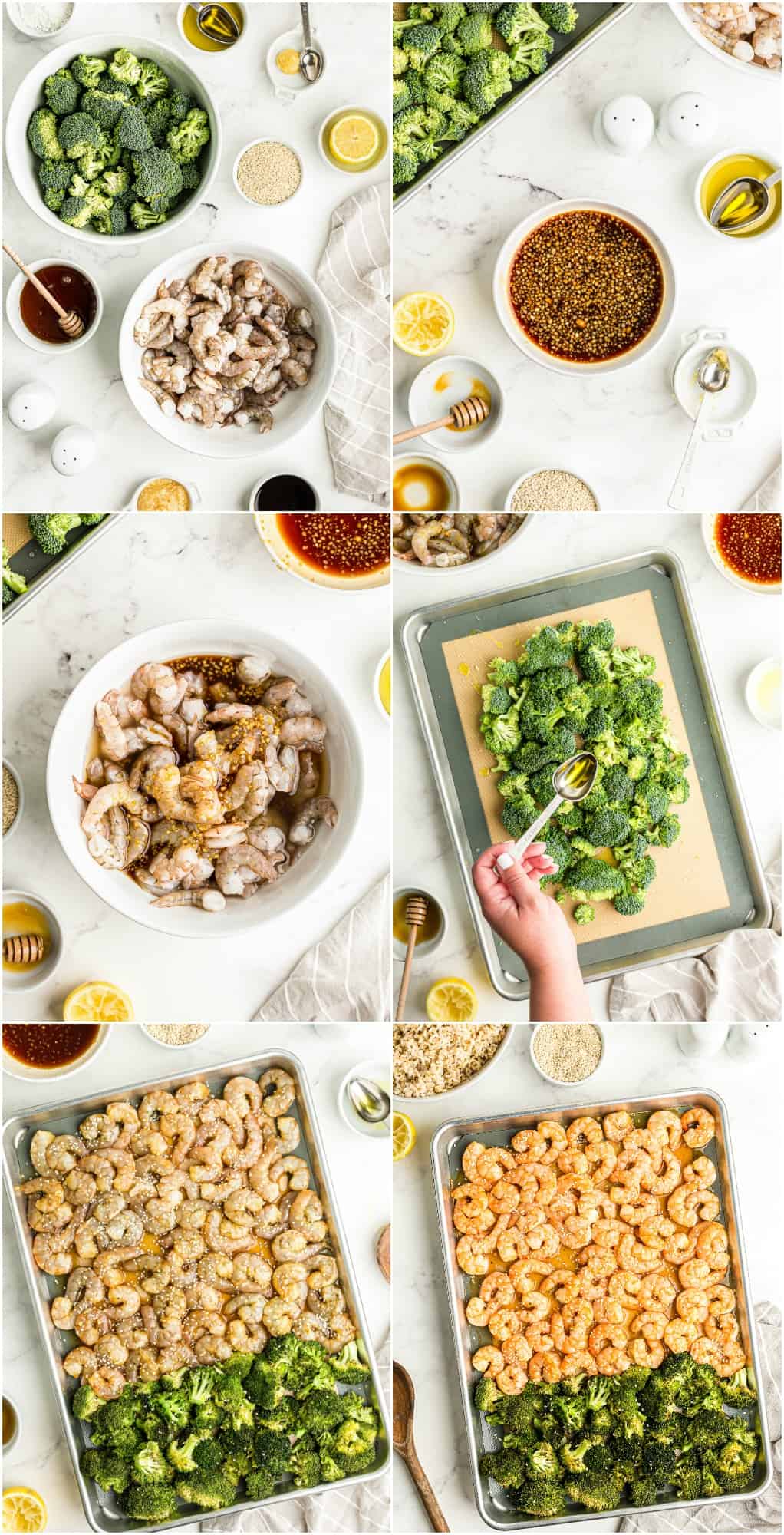 step by step photos of how to make honey garlic shrimp and broccoli sheet pan dinner