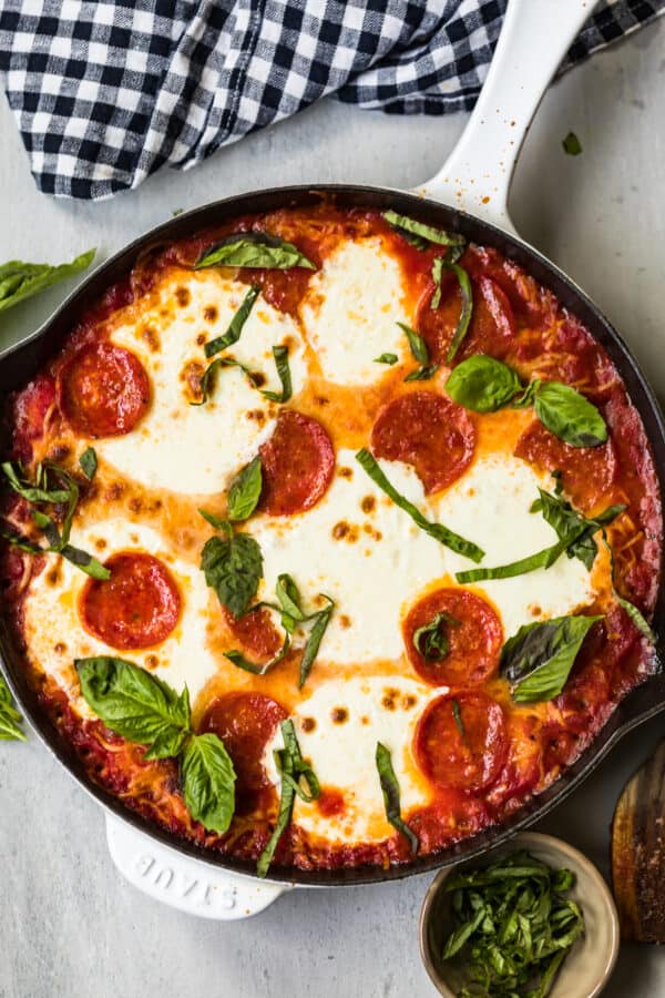 pepperoni pizza gnocchi bake in skillet