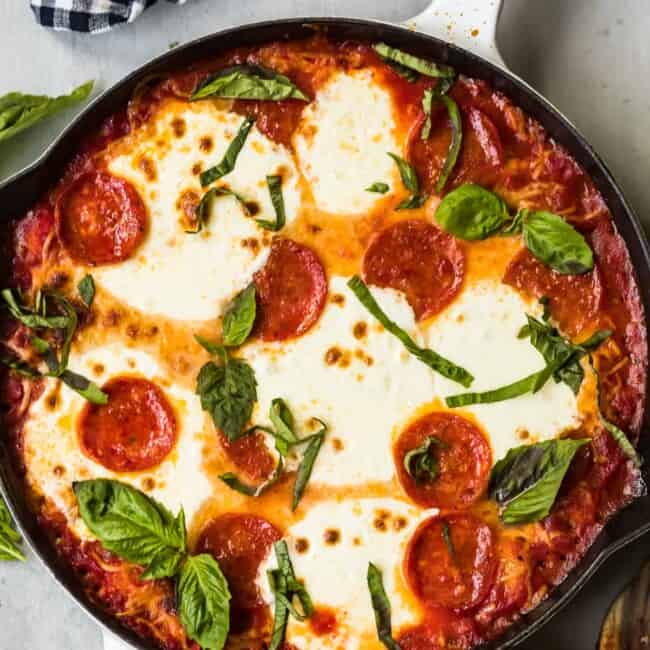 pepperoni pizza gnocchi bake in skillet