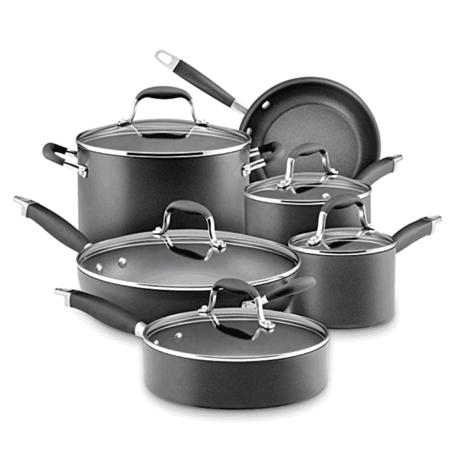 a set of black pots and pans on a white background.