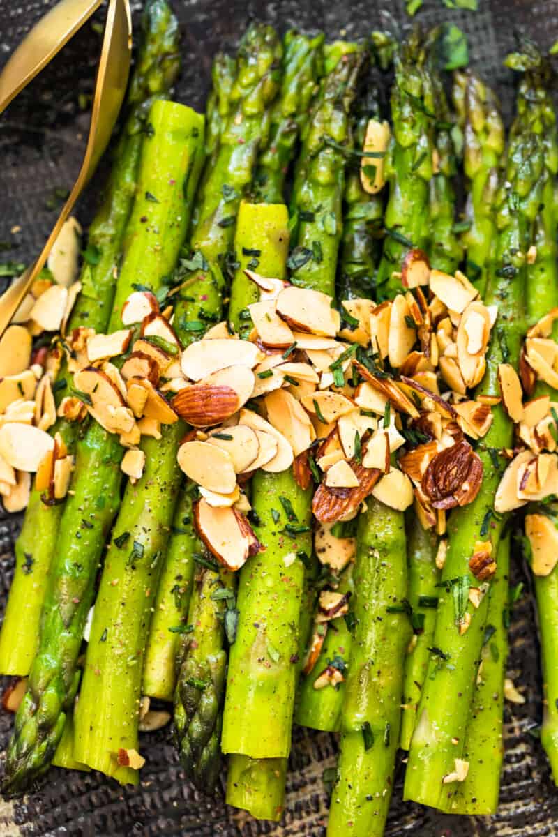 sliced almonds over asparagus