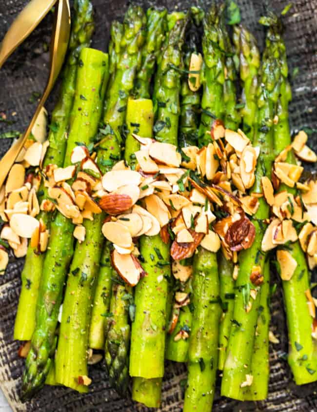 asparagus almondine on platter