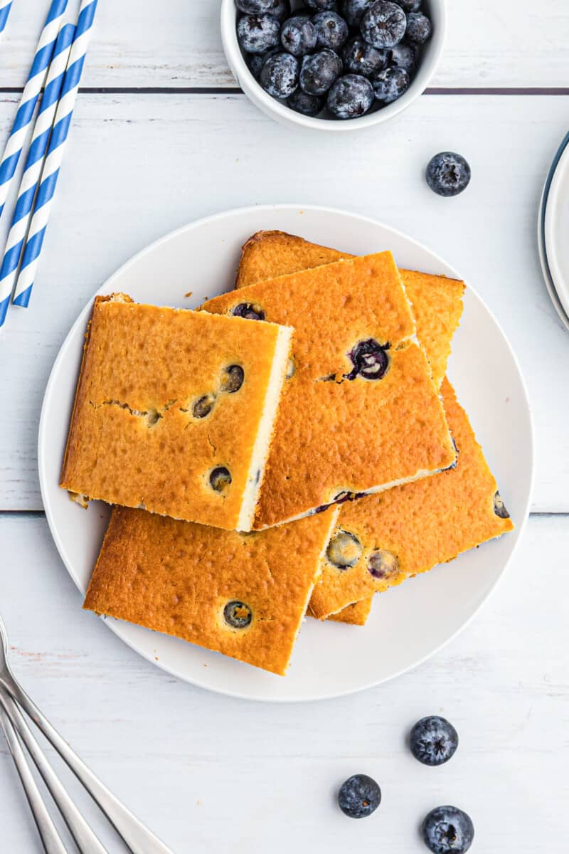 cut sheet pan pancakes on white plate