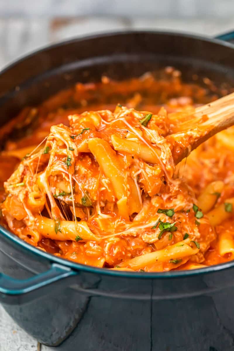 dutch oven with cheesy chicken parmesan soup