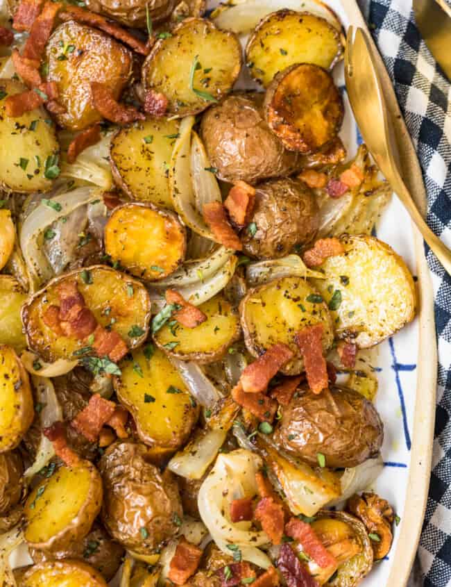 platter with halved roasted potatoes