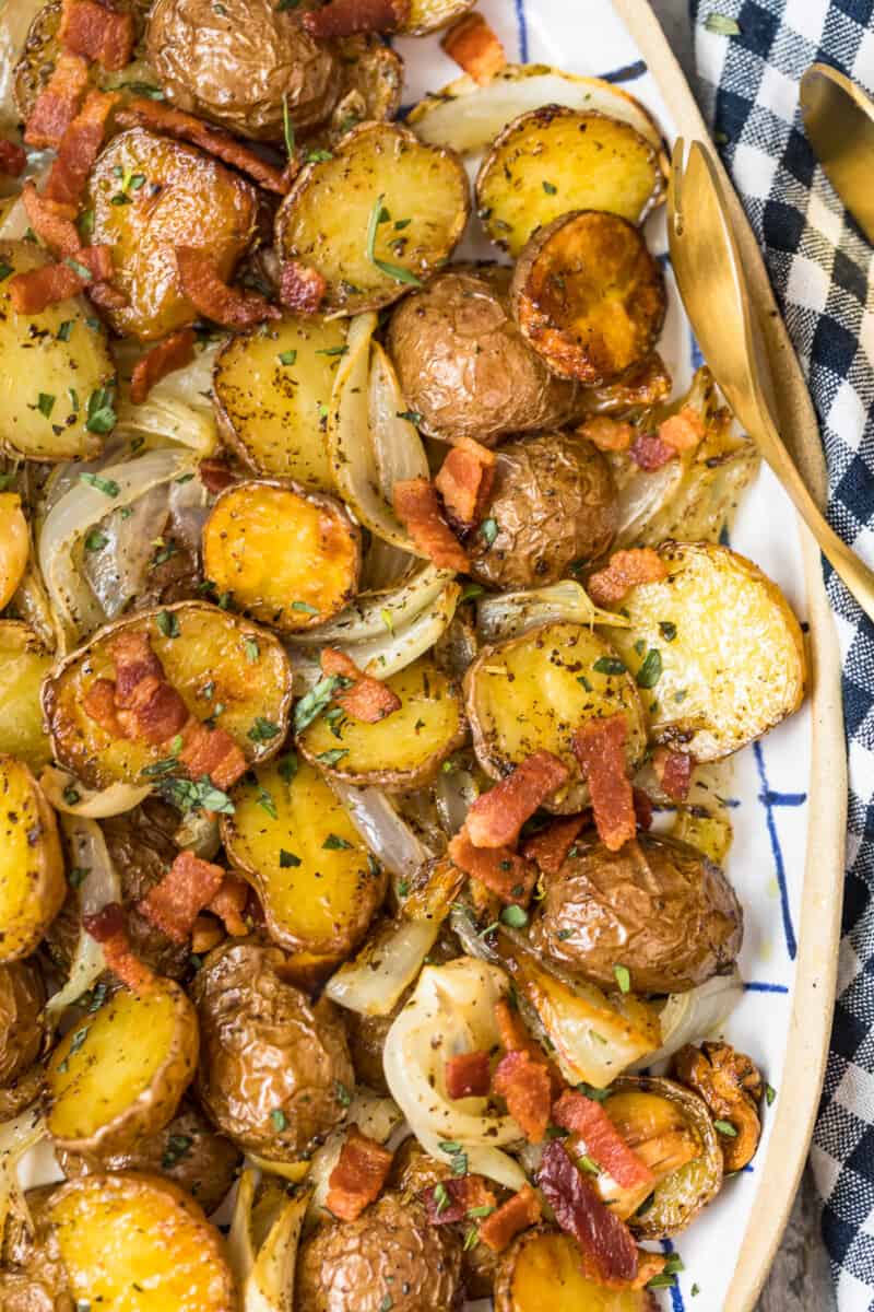 platter with halved roasted potatoes