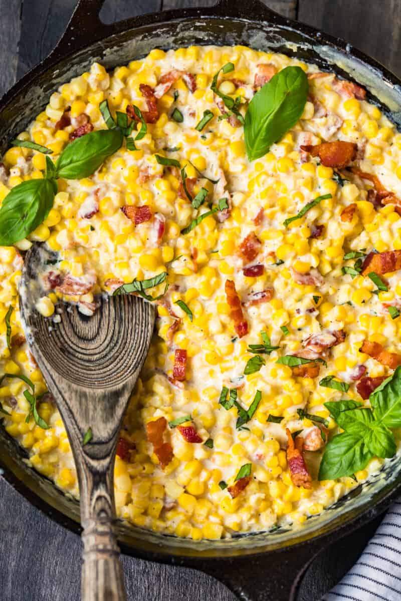 skillet creamed corn with bacon and basil