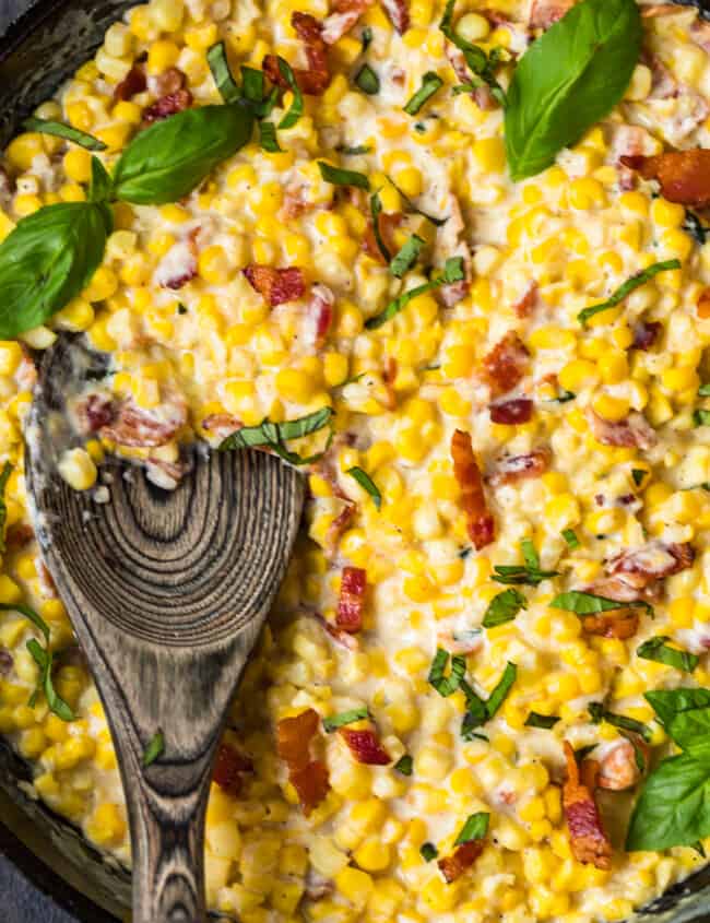 up close image of cast iron skillet creamed corn