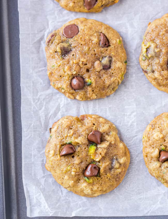 zucchini chocolate chip cookies on sheet pan