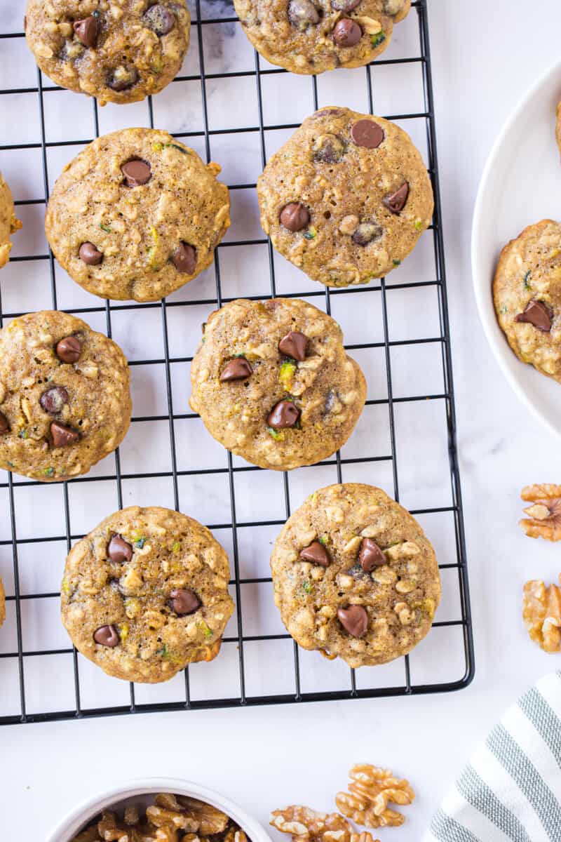 zucchini chocolate chip cookies on cooling rack