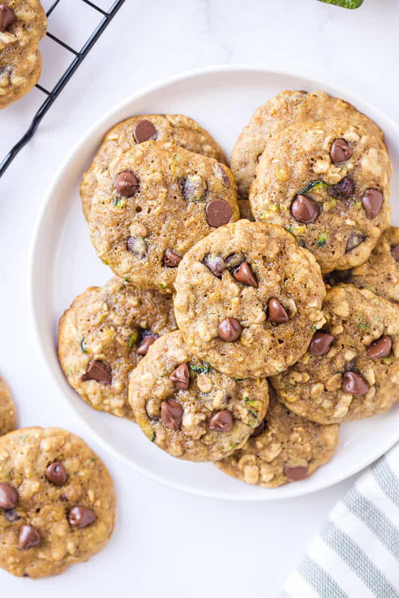 overhead picture of zucchini chocolate chip cookies on platter