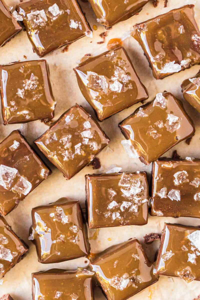 salted caramel chocolate fudge cut into cubes