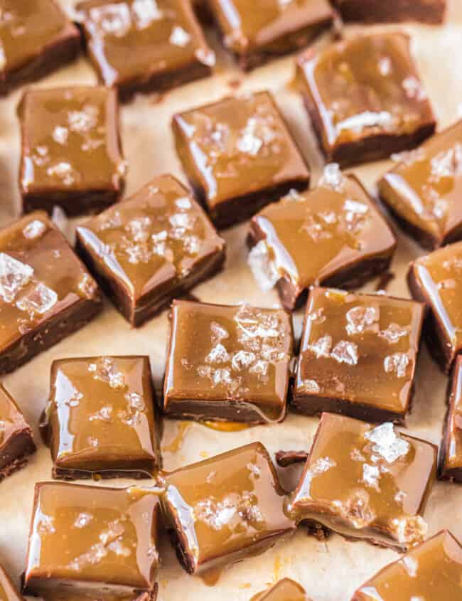 salted caramel chocolate fudge cut into cubes