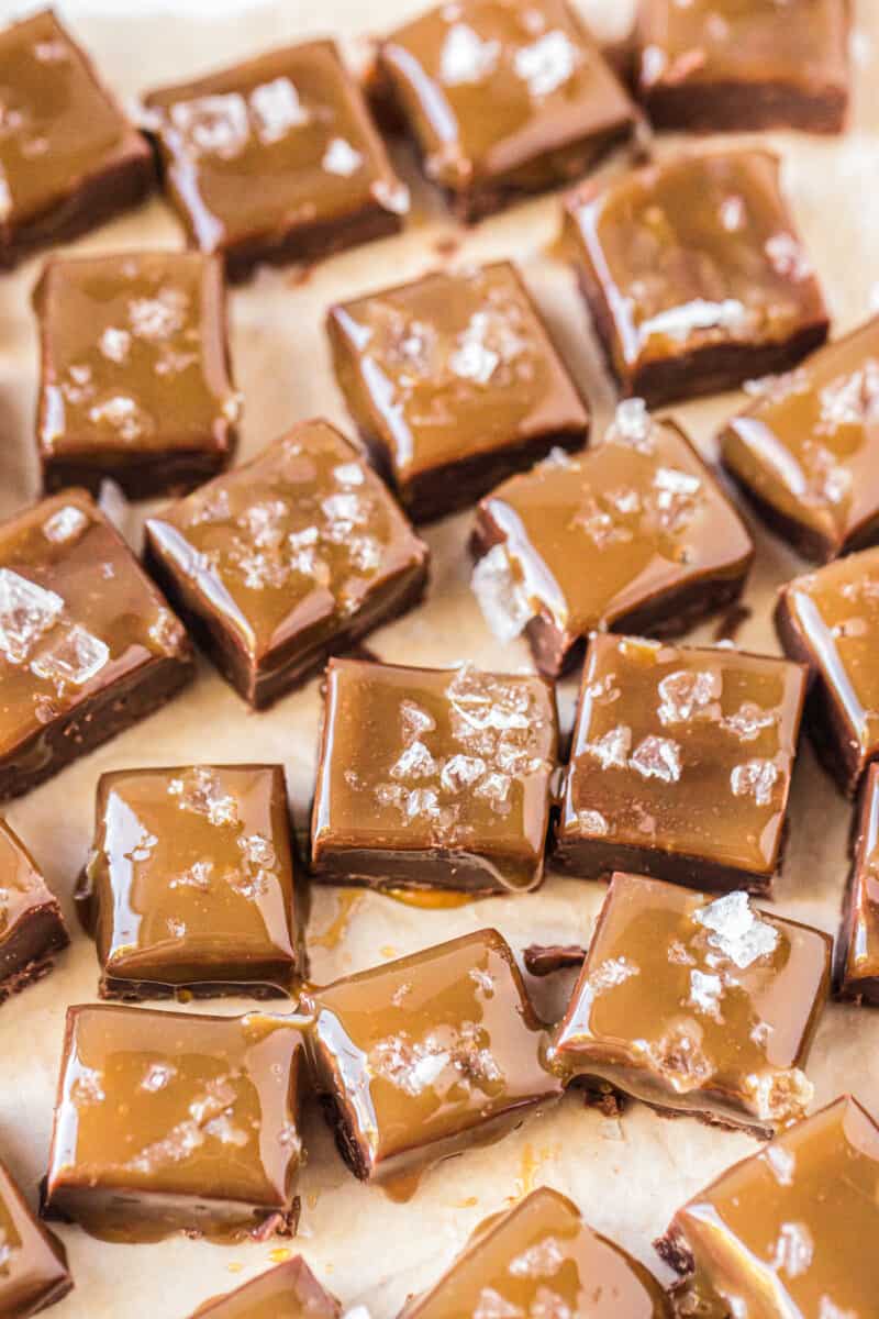 salted caramel chocolate fudge cut into cubes