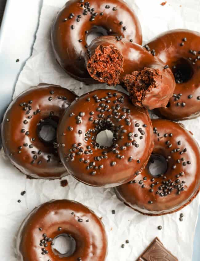 overhead image of chocolate donuts