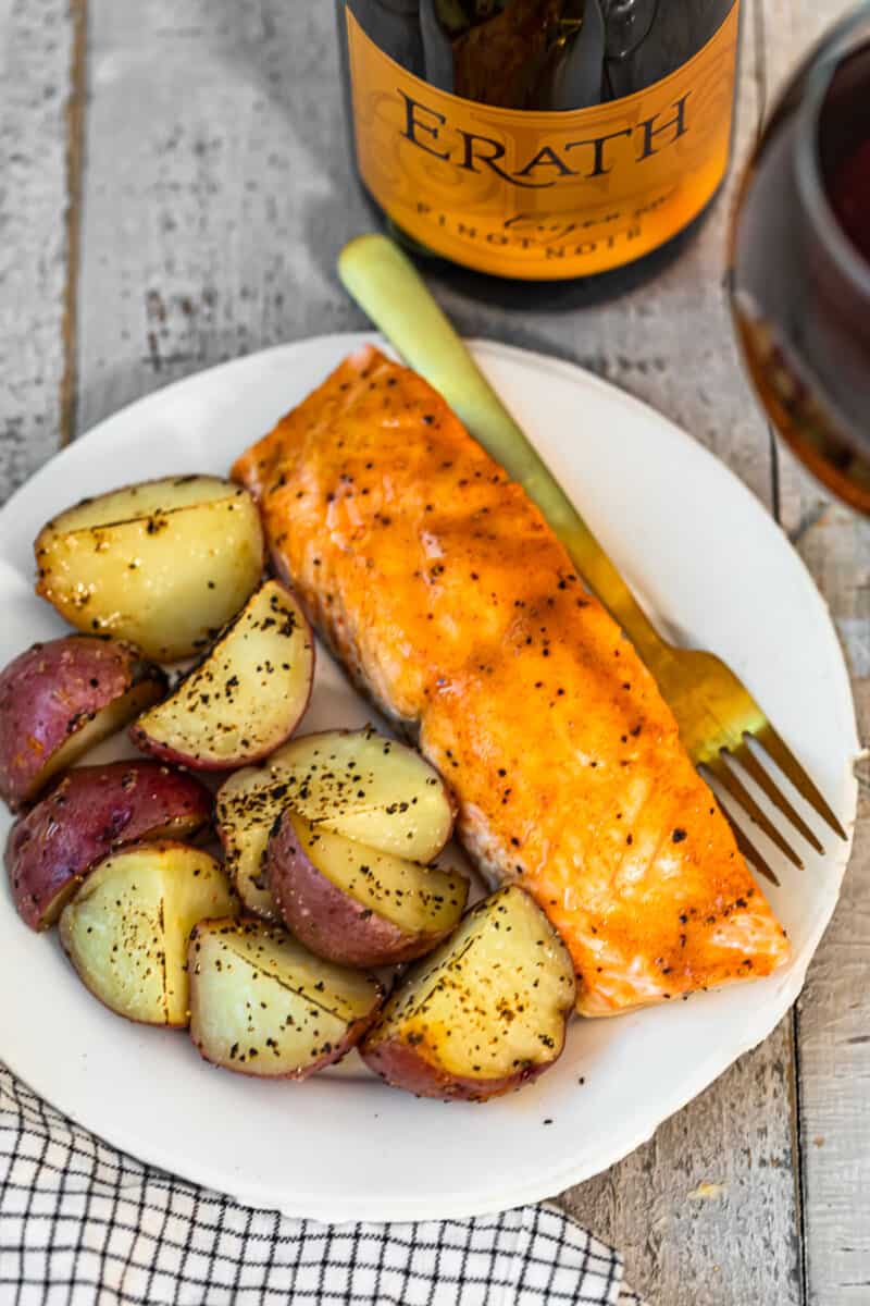 maple salmon and potatoes on white plate