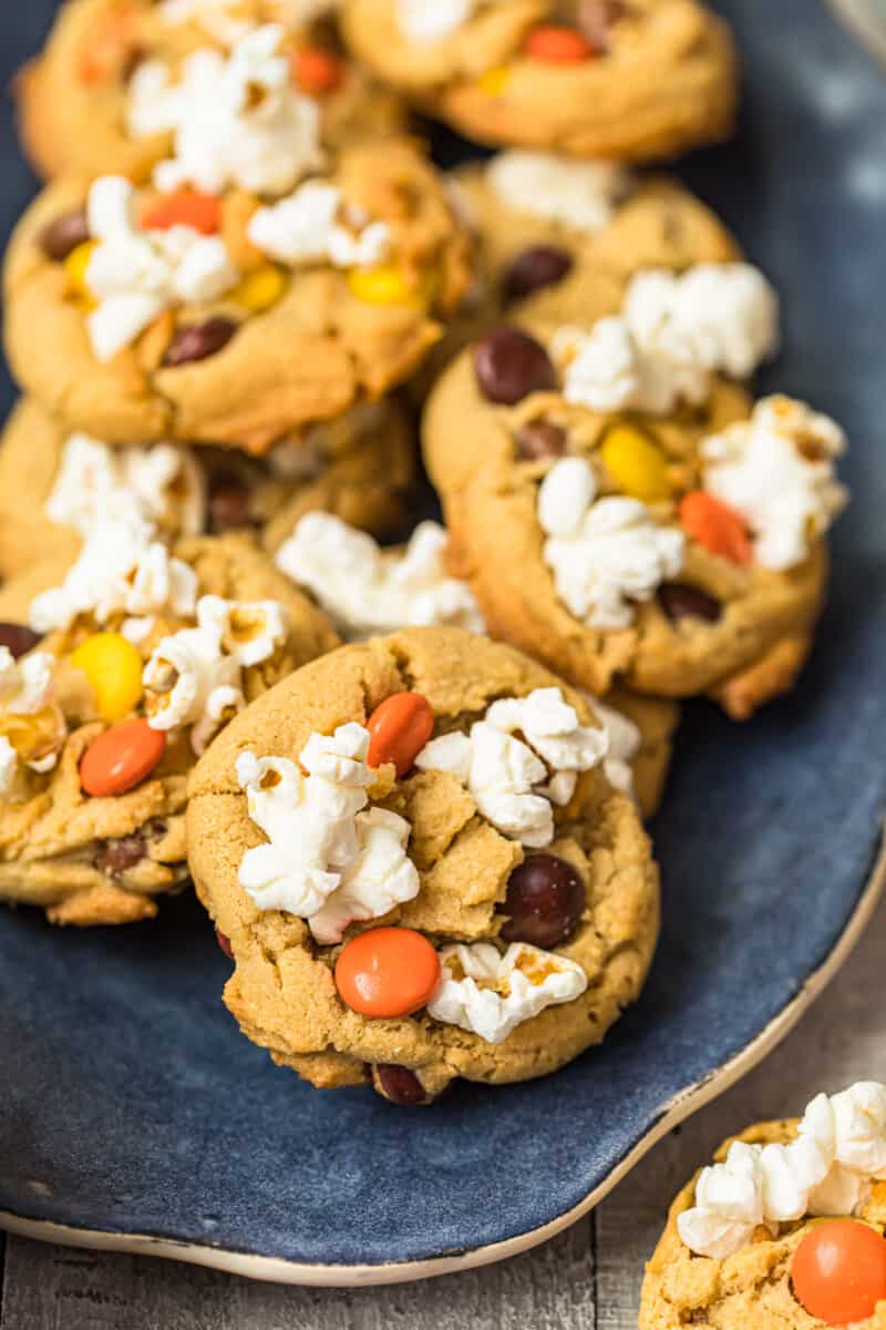 up close image of movie night cookies with popcorn and reese's pieces