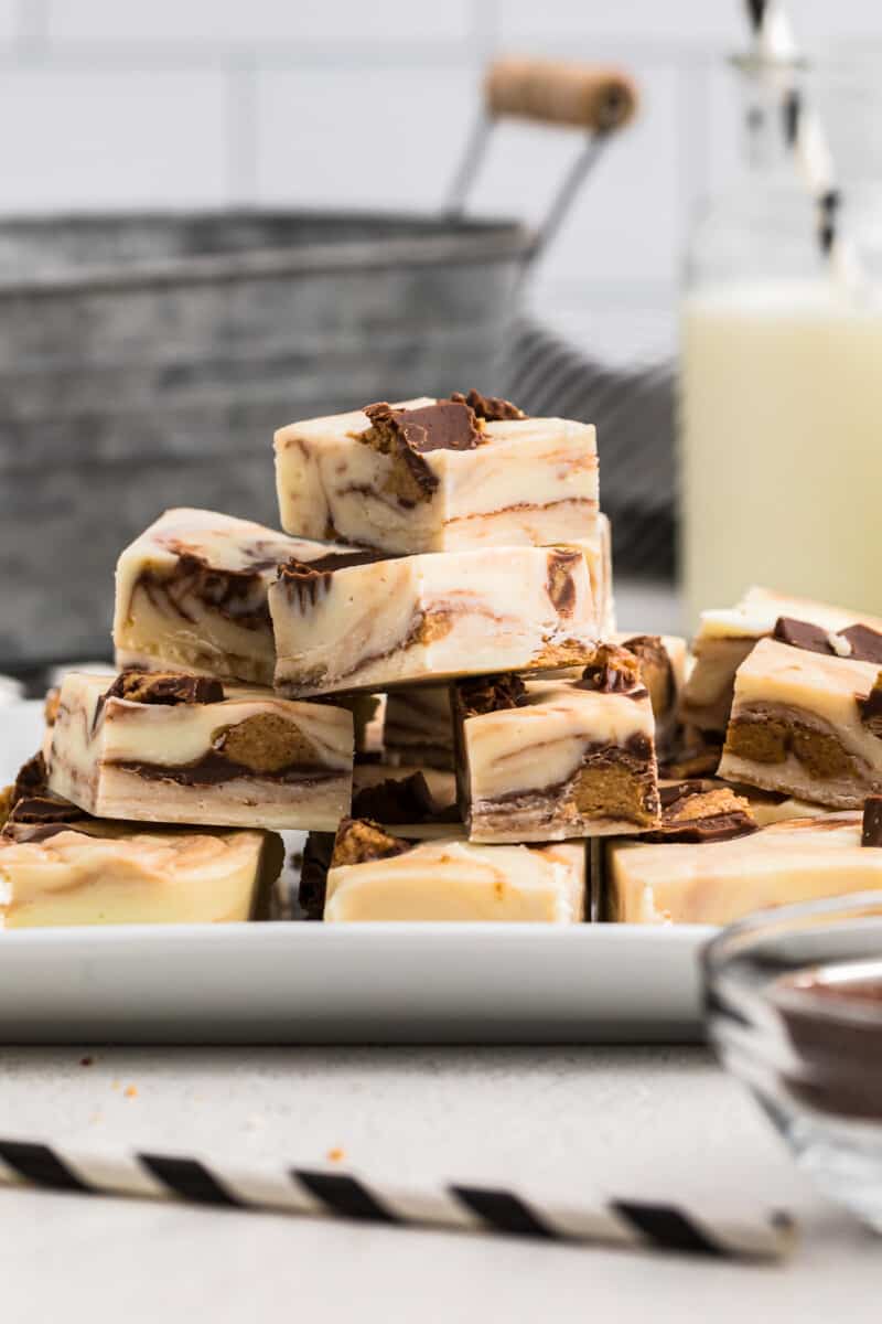 sliced and stacked peanut butter cup fudge