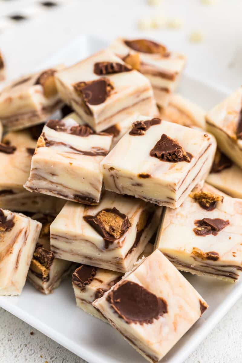 sliced and stacked peanut butter cup fudge