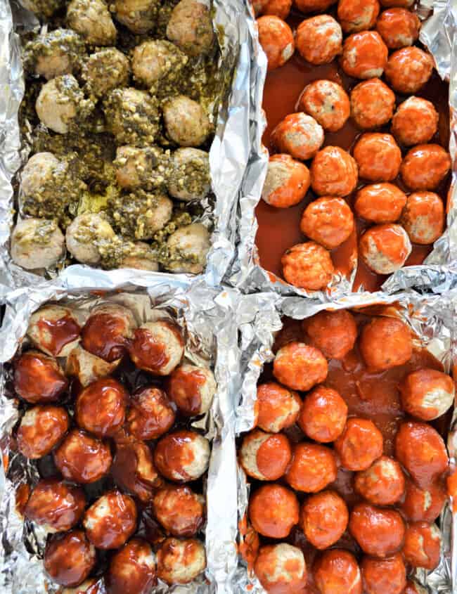 sheet pan party meatballs with different sauces