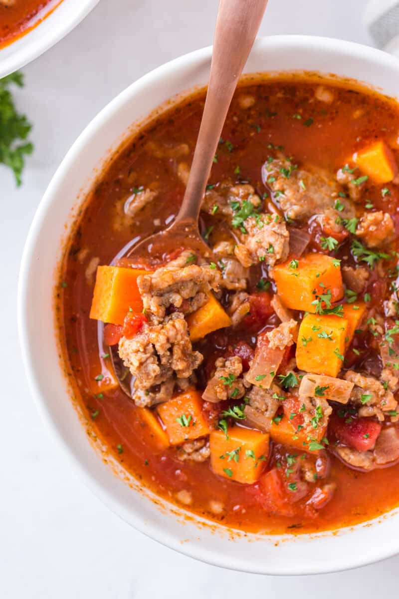 bowl of sweet potato chili with spoon