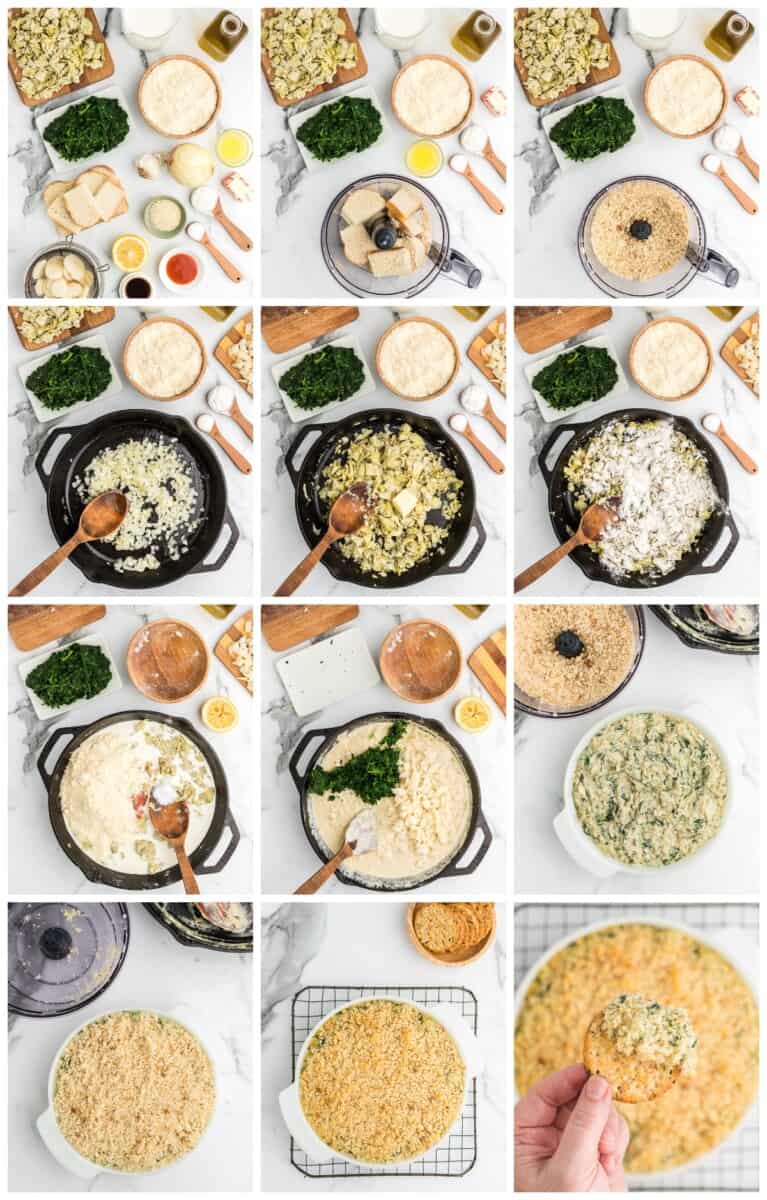 baked spinach artichoke dip step by step process shots