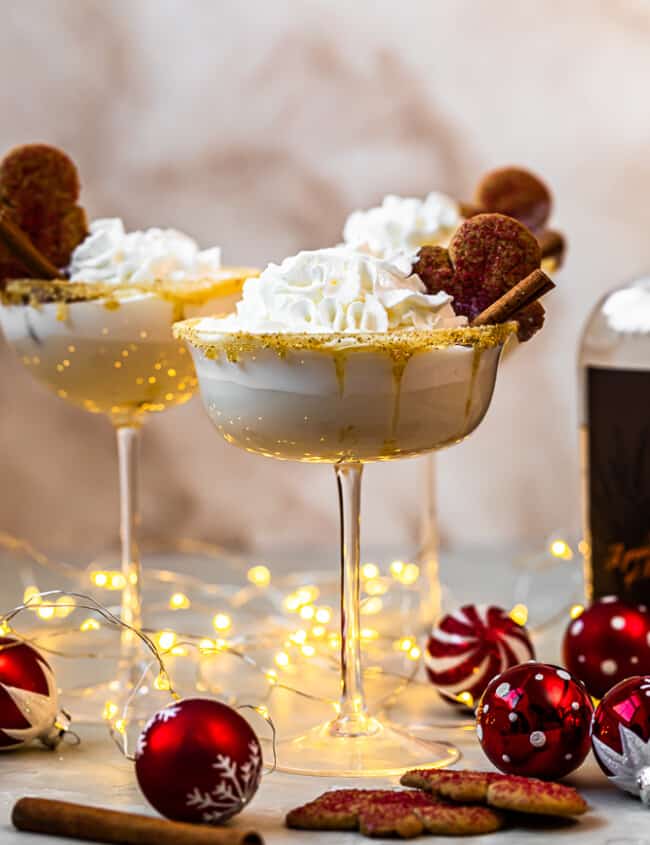 3 gingerbread martinis with christmas decorations