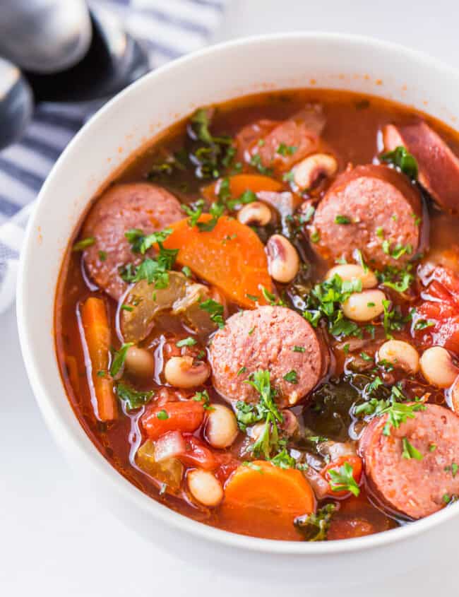 black eyed pea soup in white bowl