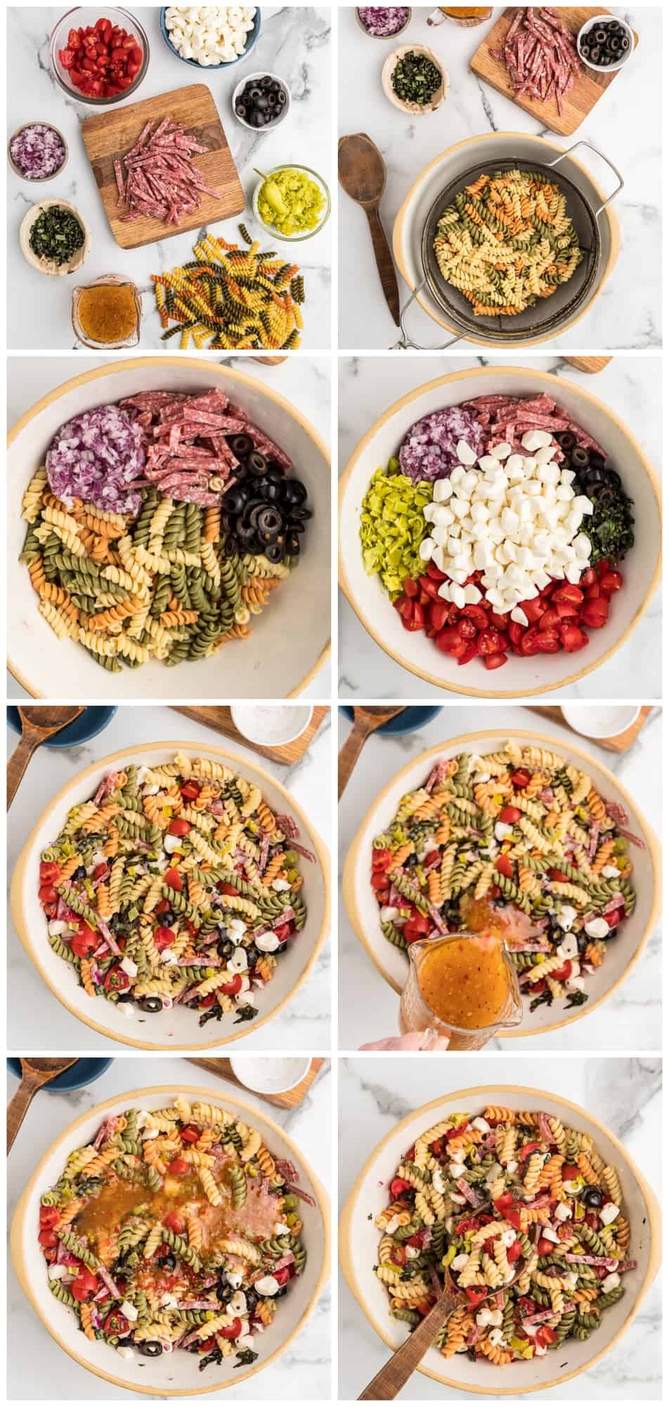 italian pasta salad step by step process shots