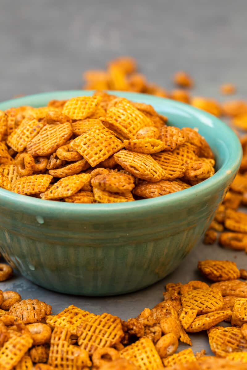 BBQ Chex Mix in bowl on table