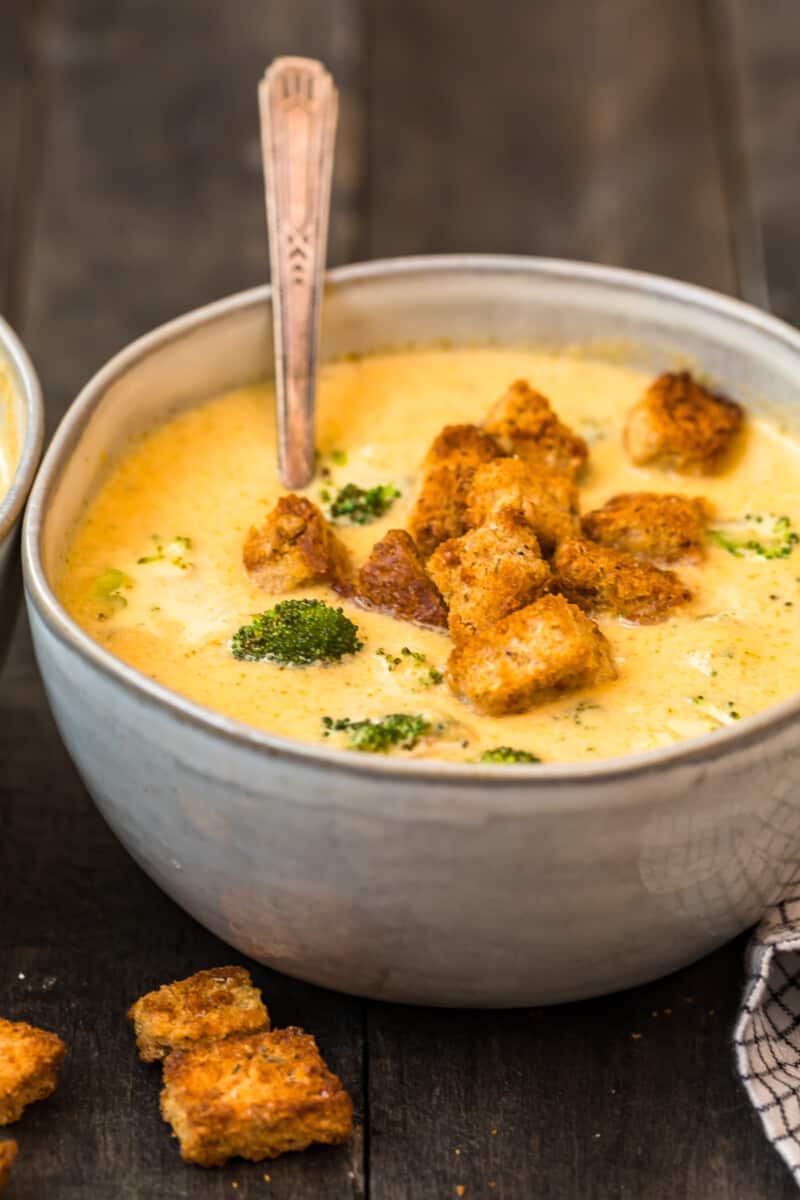 occoli cheese soup topped with croutons.