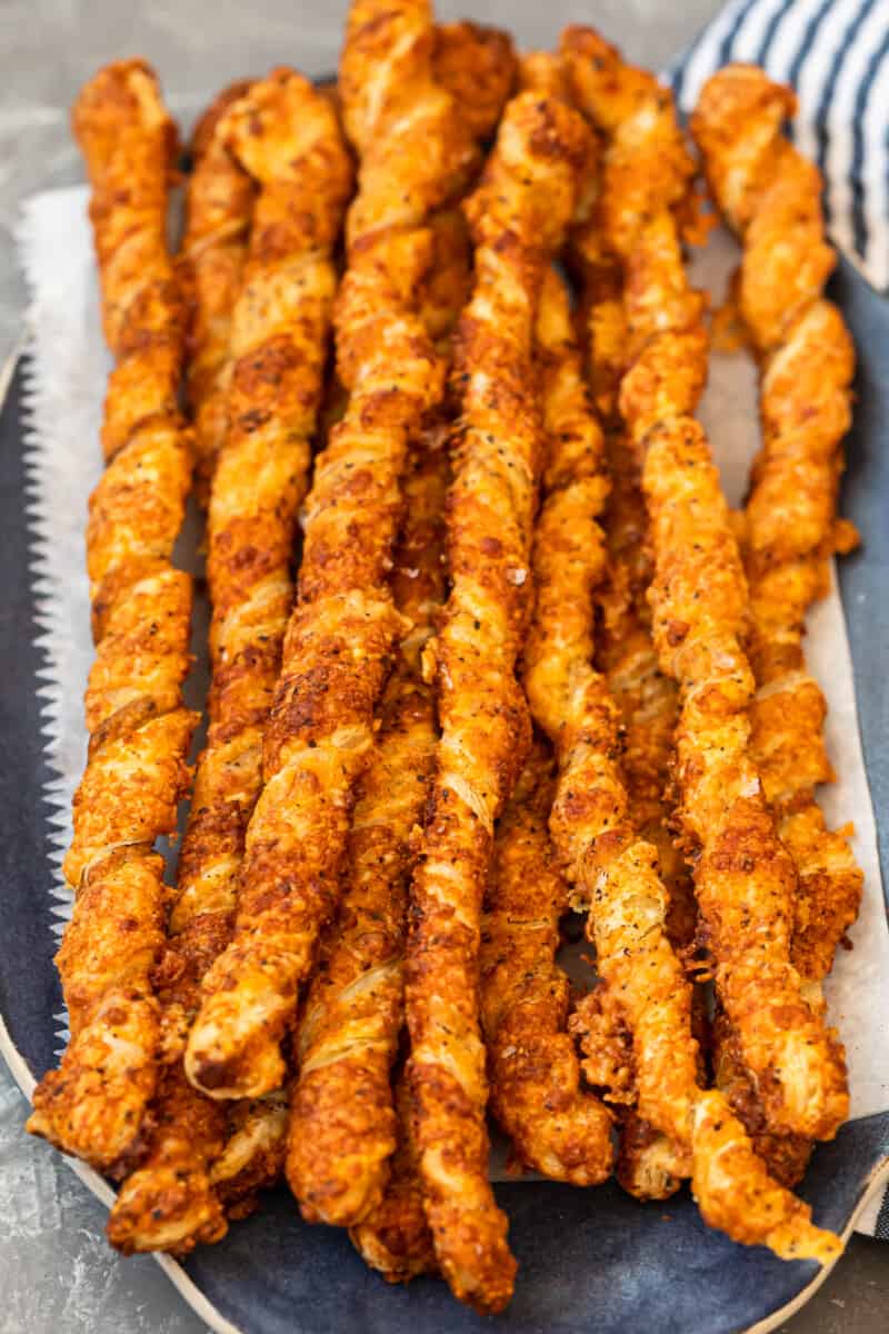 twisted cheese straws on platter