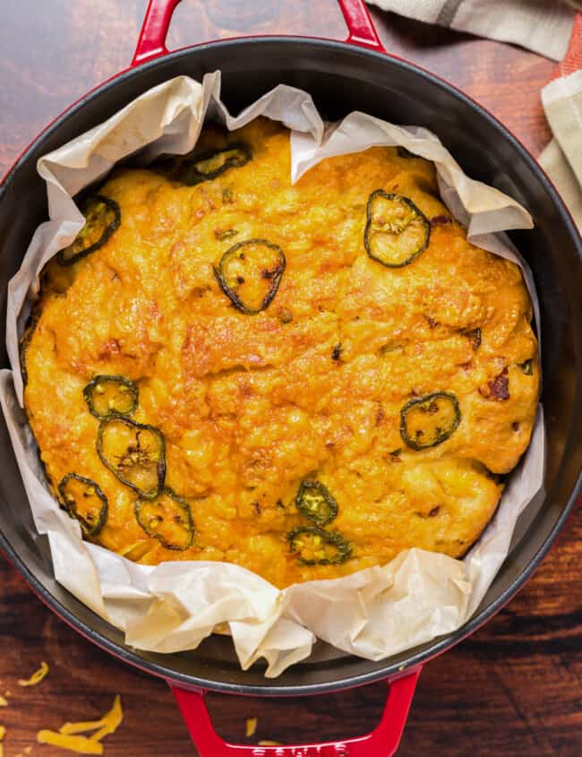 dutch oven jalapeno bread in red dutch oven