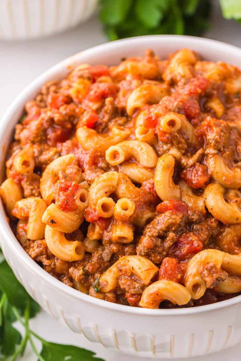 goulash in white bowl