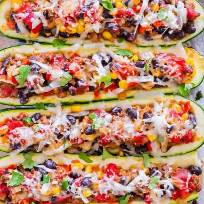 mexican stuffed zucchini boats in baking dish