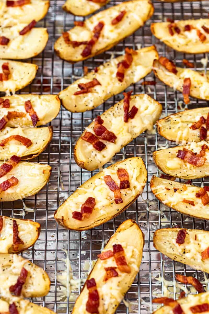 cheesy potato skins with bacon fresh out of oven