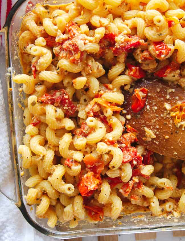 baking dish with baked feta pasta