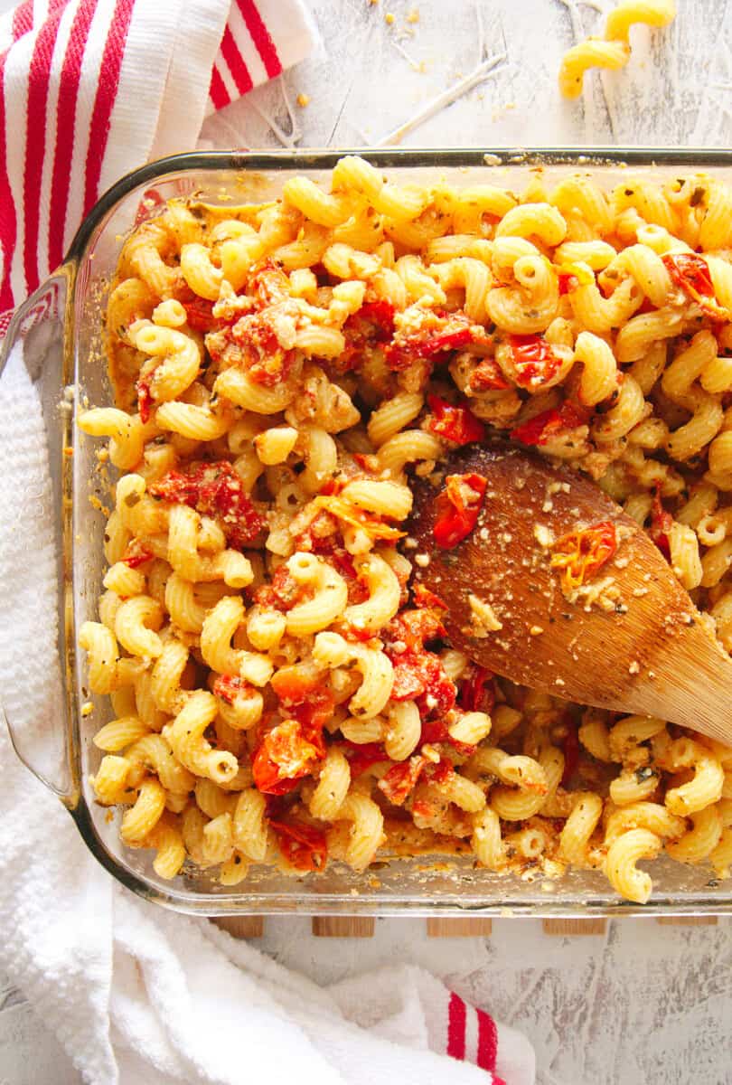 baking dish with baked feta pasta