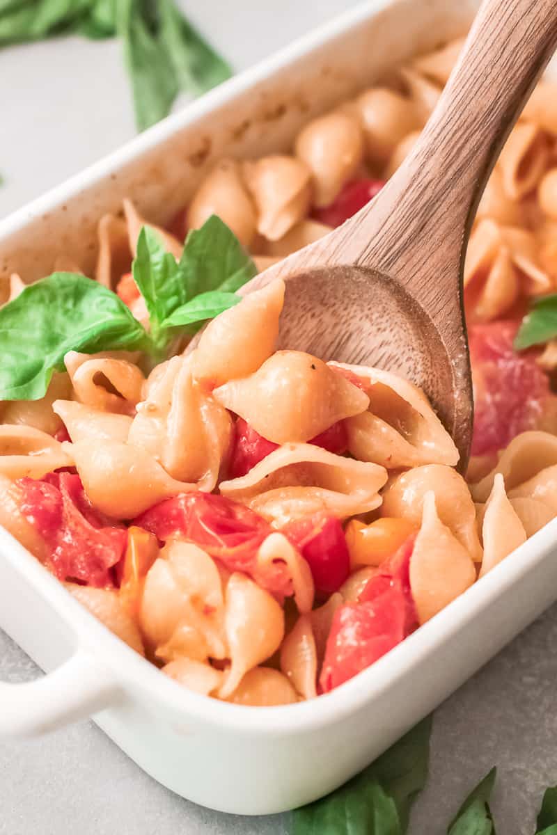 wooden spoon in baked parmesan pasta