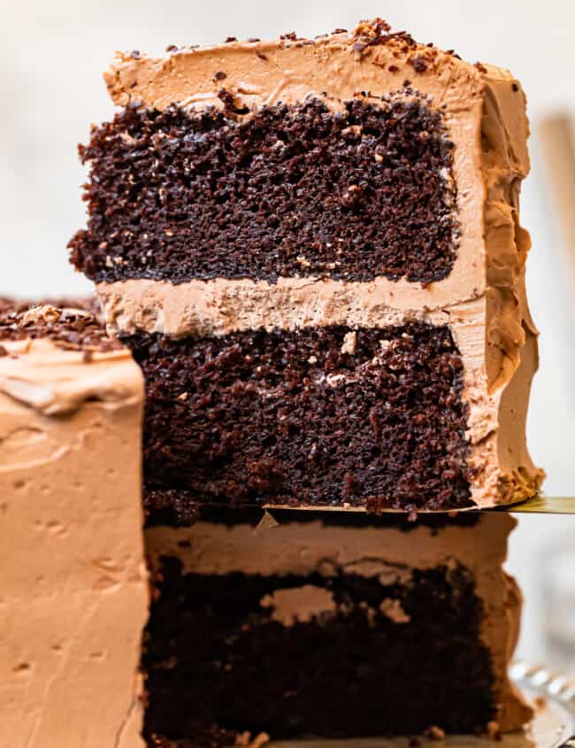 up close slice of chocolate cake with chocolate frosting