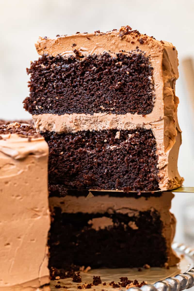 up close slice of chocolate cake with chocolate frosting