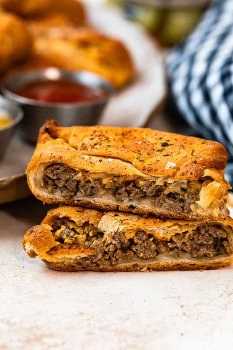 stacked cheeseburger hand pies showing the middle