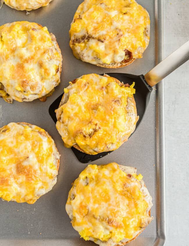 sheet pan with english muffin breakfast pizzas