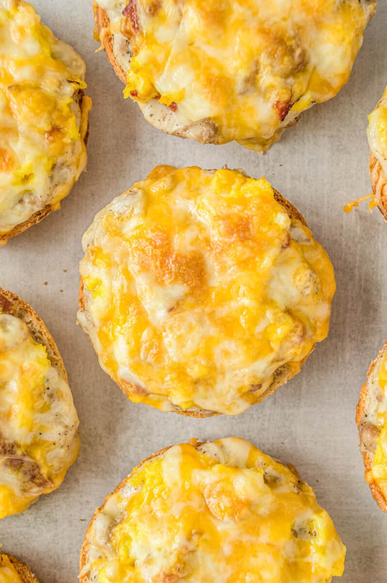 up close image of english muffin breakfast pizzas