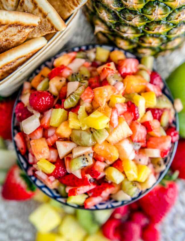 overhead fruit salsa in blue bowl