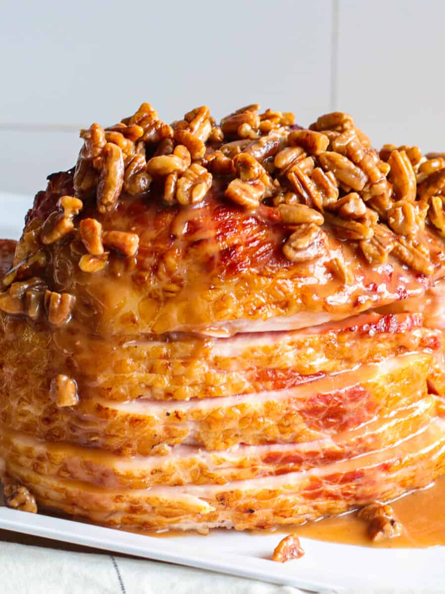 spiral ham topped with pecan bourbon glaze