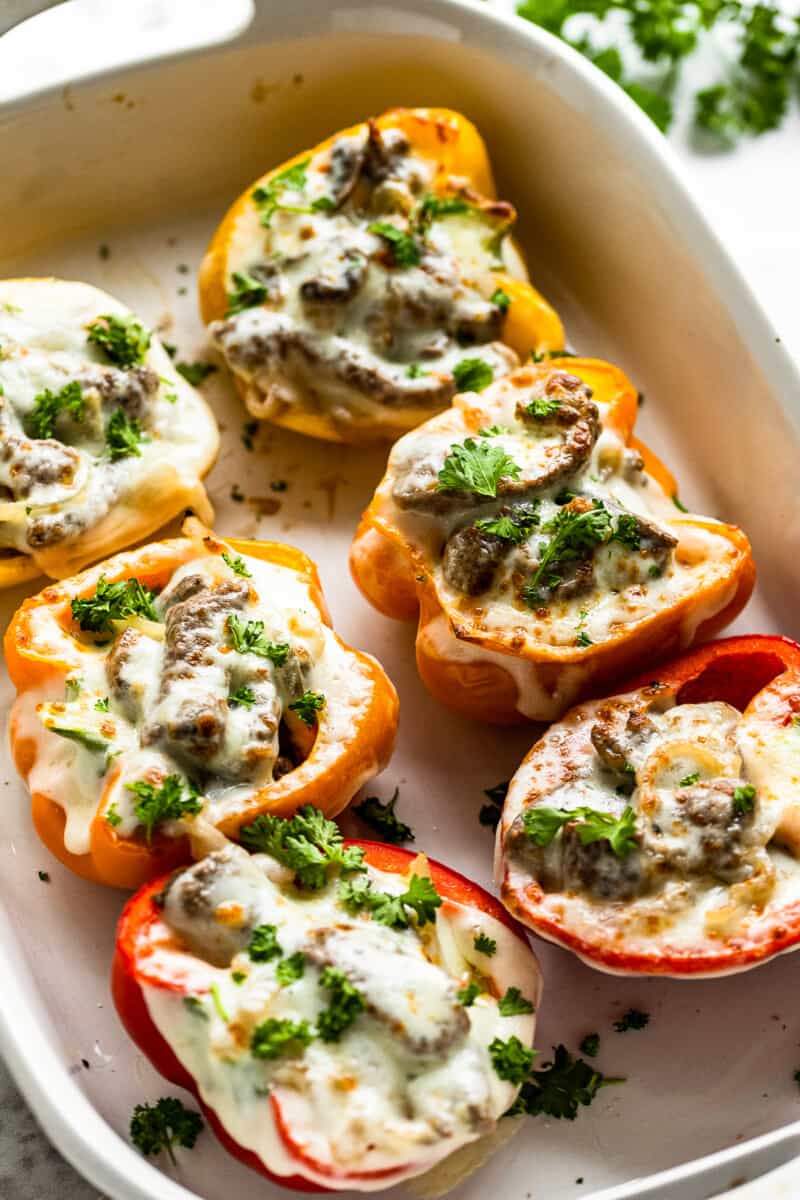 philly cheesesteak stuffed peppers in baking dish